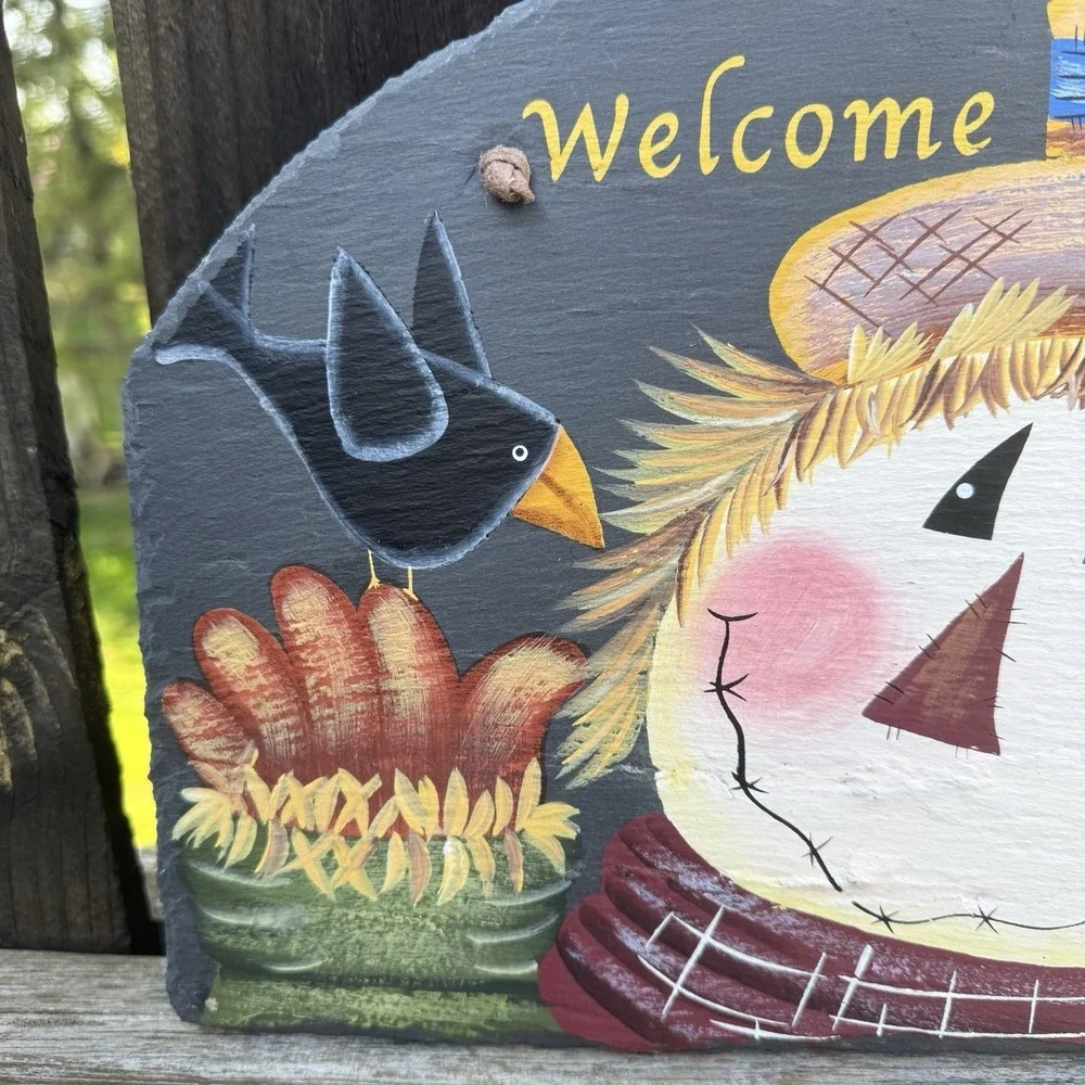 Fall Welcome Slate Sign Scarecrow Black Bird Hand painted Leather Hanger Country